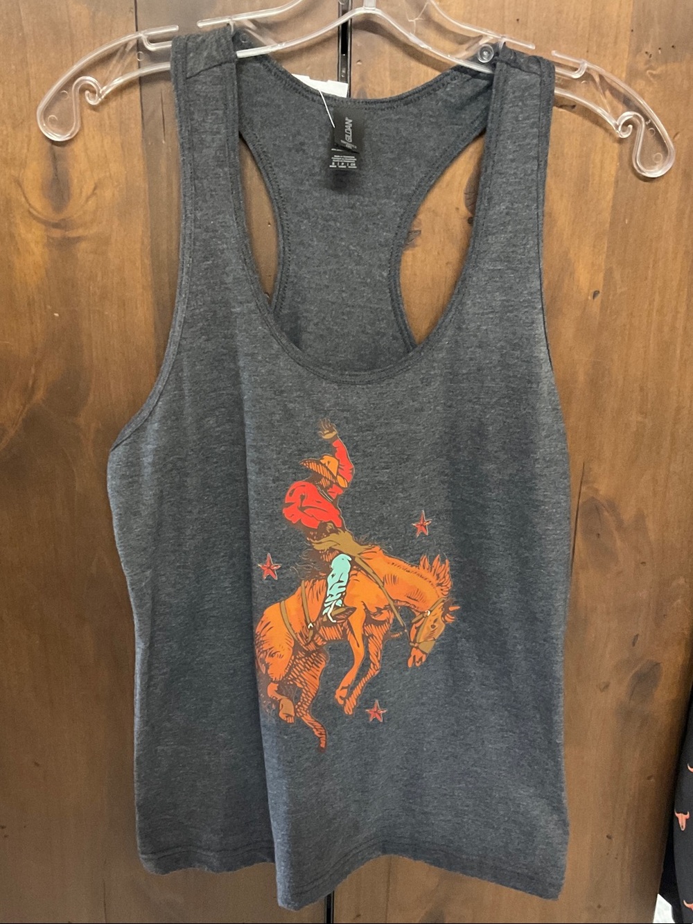 Gildan Women's Charcoal Racerback Tank with Rodeo Graphic